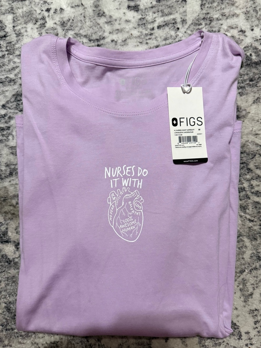 FIGS Lavender long Sleeve Tee with White Nurse Heart Graphic